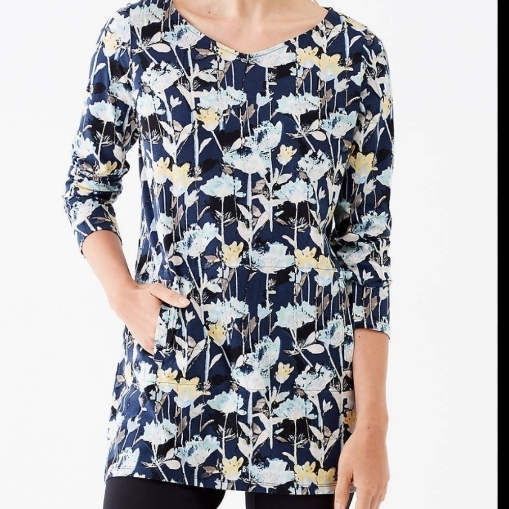 J Jill Pure Jill Floral Print Long Sleeve Kangaroo Pocket Cotton Blend Tunic M